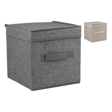 Stor grå tyglåda med lock och framhandtag; En mindre beige version finns uppe i högra hörnet.