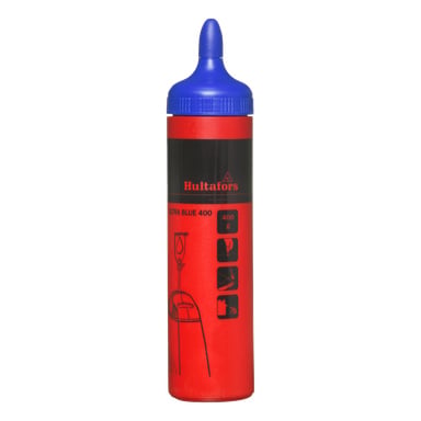 En röd flaska med en blå twistlock märkt "Hultafors Ultra Blue 400", svarta användningsikoner och "400 g" visades på framsidan.