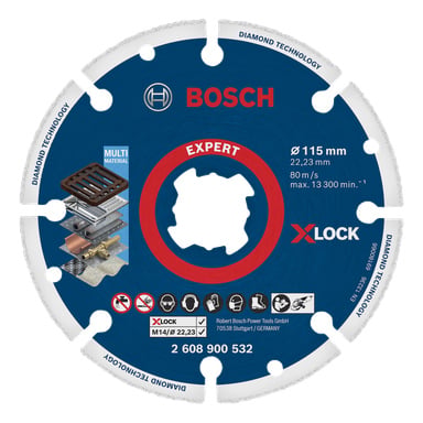 Bosch Expert X-Lock diamantslipskiva, 115 mm, märkt för flera material med specifikationer, säkerhetssymboler och Bosch-logga på blått.