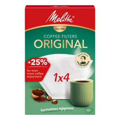 Melitta Original box filtrów kawy 1x4 z zielonym kubkiem, ziarnami, fusami i tekstem około +25% ilości i harmonijnej przyjemności.