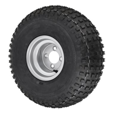 Zbliżenie na Wheel Cpl 22X11-8 F. 008041, pokazujące czarną oponę z wypukłymi krawędziami ze srebrną metalową felgą i trzonkiem zaworu. Opona wydaje się nieużywana.