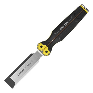 En Stanley-mejsel med ett svart- och gult handtag med textur och ett silverfärgat, platt rektangulärt blad märkt STANLEY 1 25mm.