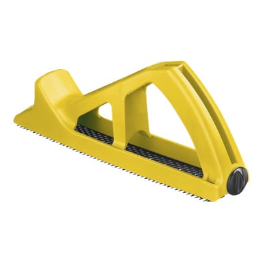 Ett gult surformverktyg med svart metallblad, plasthandtag, platt bas och vinklad grepp för att forma olika material.