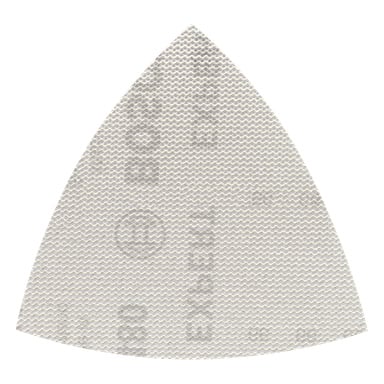 Ett enda triangulärt stycke texturerat vitt sandpapper med spetsig spets och rundade baskanter.