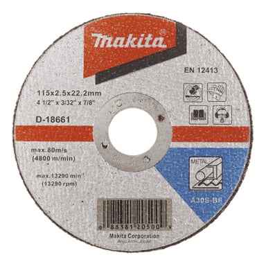 Makita metall-skjæreskive merket A30S-BF, merket 115x2,5x22,2 mm, maks 80 m/s, maks 13 290 o/min, med sikkerhets- og bruksikoner.