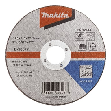 Makita 125 mm skärskiva med specifikationer, säkerhets- och metallikoner, streckkod, maxhastighet och EN 12413-certifiering på etiketten.