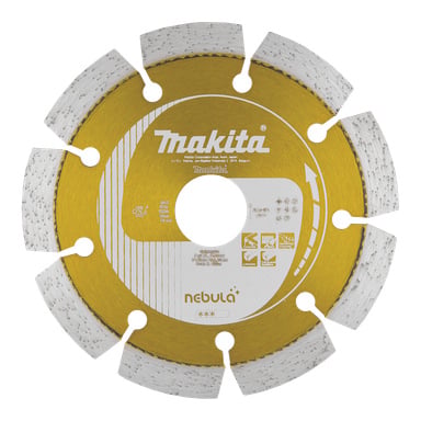 Guld Makita Nebulosans segmenterade diamantblad med nio hål, vita segment och produktdetaljer tryckta i vitt nära mitten.