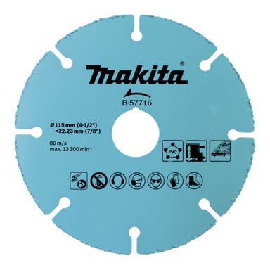 Ett blått Makita cirkelsågblad med B-57716, säkerhetssymboler och detaljer om storlek, hastighet och kompatibla material i svart.