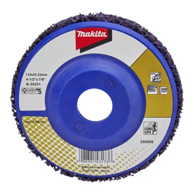 Närbild på ett Makita sliphjul som visar 115x22,23 mm, modell B-36251, max 12 000 min⁻¹, blå mitten och etikettinformation.