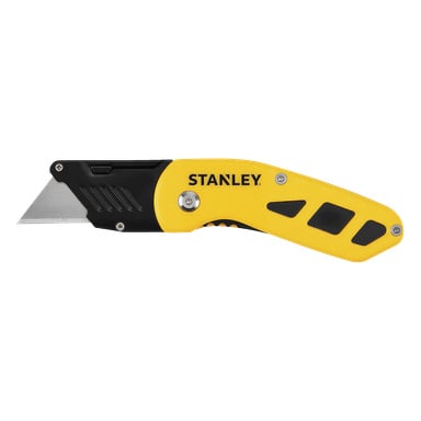En Stanley multikniv i gult och svart, med ett infällbart blad som är helt infällt i handtaget.