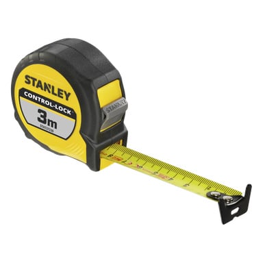Ett Stanley Control-Lock-måttband med ett gul-svart fodral och förlängd tejp med centimetermarkeringar, markerade för 3 meter.