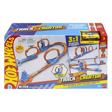 Hot Wheels Triple Loop Speed Kit-låda med orange och blå bana med tre loopar, en launcher, gul bil och 3-i-1-funktion.