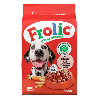 1,5 kg pussi Frolic-koiranruokaa, punainen ja valkoinen, jossa on dalmatialainen kasvot, vihanneksia, pyöreää nappulaa ja naudanlihaa olivat keskeisiä raaka-aineita.