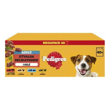 Rektangulär gul Pedigree hundmatslåda med en glad hund, köttvarianter och Megapack 40-etikett för 40 vuxenmåltider.