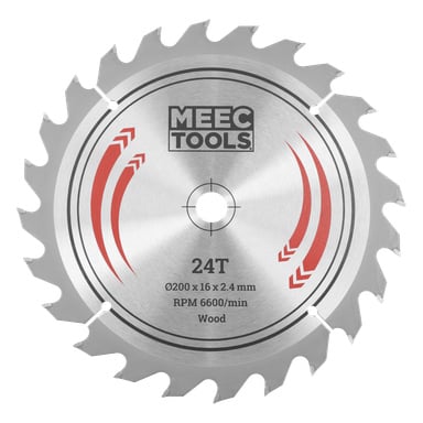 Ett MEEC TOOLS-cirkelsågblad med 24 tänder, märkt Ø200 x 16 x 2,4 mm, max varvtal 6600, för trä. Silver med röda detaljer.