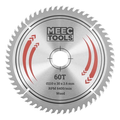 Meec Tools träcirkelsågsblad, 60 tänder, 210x30x2,6 mm, max 6400 varv/min. Silverstål med röda detaljer och mitthål.