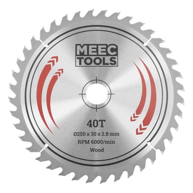 Vasstand cirkelsågblad märkt MEEC TOOLS, 40T, Ø250x30x2,8 mm, varvtal 6000/min, trä; metalliskt med röda detaljer.