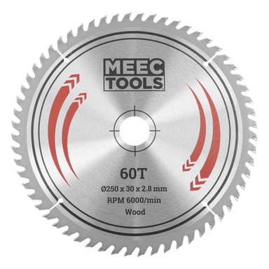 Tarcza piły tarczowej MEEC TOOLS, 60 zębów, średnica 250 mm, średnica 30 mm, grubość 2,8 mm, przystosowane do 6000 obr./min do cięcia drewna.