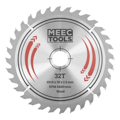 MEEC TOOLS cirkelsågblad med 32 tänder, röda pilar, 210 mm diameter, 30 x 2,6 mm specifikationer, 6400 varv per minut för träsåg.