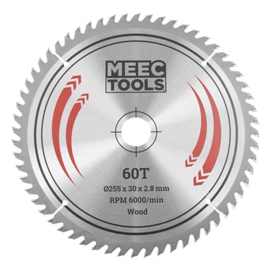 MEEC TOOLS sirkelsagblad, 60 tenner, 255 x 30 x 2,8 mm, maks 6000 o/min for tre; skarpe tenner og røde merker på bladets ansikt.