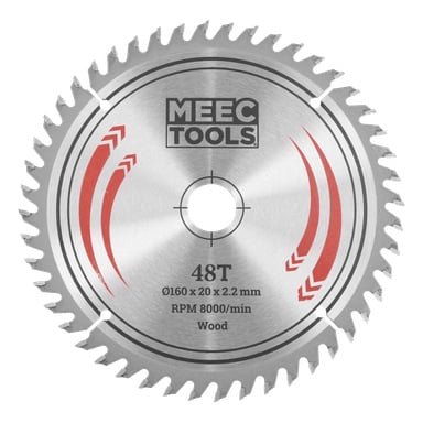 Ett MEEC TOOLS-cirkelsågblad med 48 tänder, röda detaljer, specifikationer 160 x 20 x 2,2 mm, varv/min 8000/min, trä och ett centralt hål.