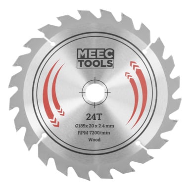 Ett 24-tandat MEEC TOOLS cirkelsågblad med röda märken, märkt 185x20x2,4 mm och 7200 varv per minut, för träsåg.