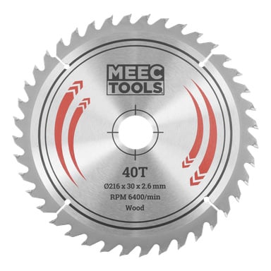 Metalliskt cirkelsågblad märkt MEEC TOOLS, 40 tänder, röda markeringar. Märkt Ø216x30x2,6 mm, 6400 varv per minut, för vedsåg.