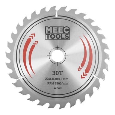 Tarcza piły tarczowej z 30 zębami oznaczona MEEC TOOLS, specyfikacja 255x30x3 mm, 5200 RPM, do drewna. Czerwone strzały wydrukowane na ostrzu.
