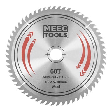 MEEC TOOLS cirkelsågblad, 60 tänder, 255x30x2,4 mm, maxhastighet 5200 varv/min, designad för att såga trä.