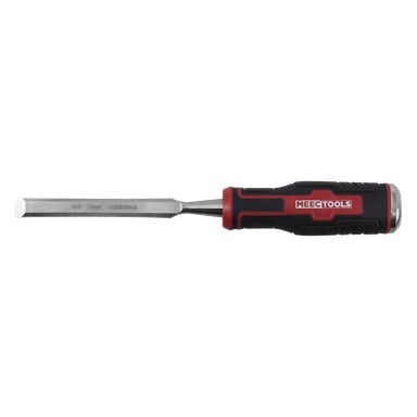 En platt trämejsel med svart och rött handtag märkt MEEETOOLS. Stålbladet visar CV 12mm MEEC-VERKTYG.