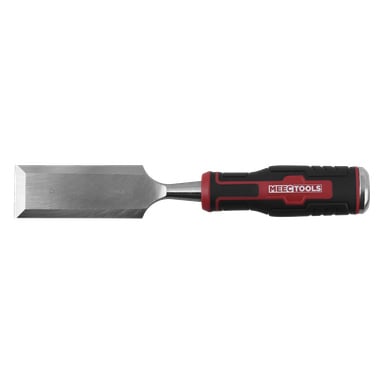 Metallmejsel med ett vasst fasat blad och ett svart och rött gummihandtag märkt Meec Tools.