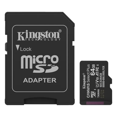 Ein schwarzer Kingston microSD-Adapter sitzt neben einer 64GB Kingston Canvas Select Plus microSD-Karte, beide zeigen ihre Etiketten an.