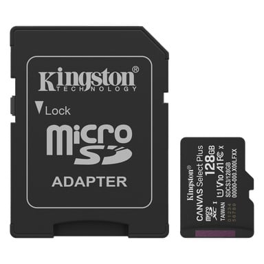 En Kingston microSD-adapter och ett 128GB Canvas Select Plus microSD-kort visas sida vid sida, båda med produktdetaljer.