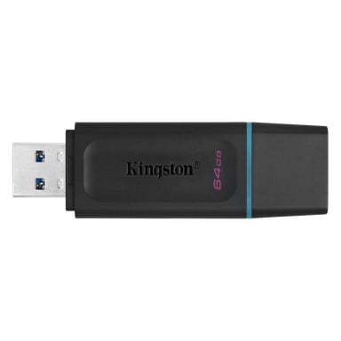 Ett svart Kingston USB-minne med blå accent och "64GB" i rosa, som visar dess USB-kontakt till vänster.