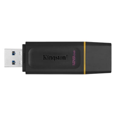 Ett svart Kingston USB 3.0-minne med 128GB kapacitet och ett guldfärgat accentband.