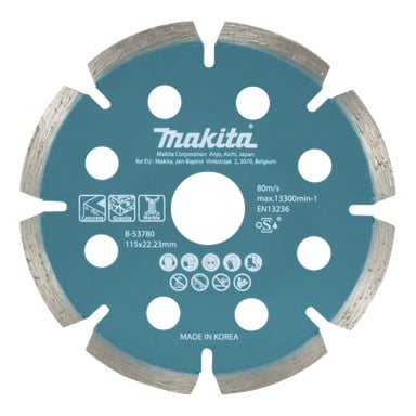 Ett tealfärgat Makita-diamantblad med ikoner i betong, granit och marmor, modell B-53780, storlek 115x22,23 mm, tillverkad i Korea.