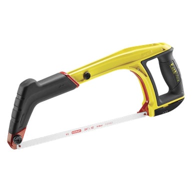 Gul och svart bågfil med gummigrepp, märkt STANLEY 24T x 12 Bi-Metal FLEXIBLE. Har en stadig, ergonomisk ram.