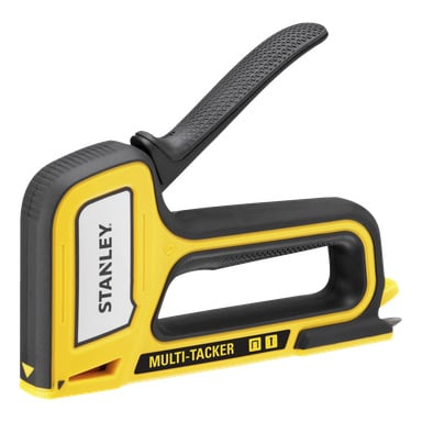 En gul och svart Stanley-häftpistol med stort handtag och "MULTI-TACKER" och "STANLEY" tryckta på sidan.