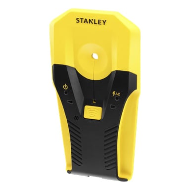 Gul och svart Stanley-regelmätare med en central knapp, kraft- och blixtsymboler samt ett märkbart hål nära toppen.