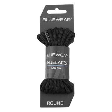 Ringlade BLUEWEAR runda svarta skosnören, 120 cm, i förpackning med etikett som visar varumärkes- och produktdetaljer.