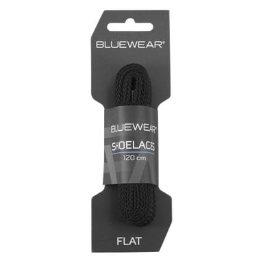 Bluewear platta svarta skosnören, 120 cm långa, i ett paket på mörk kartongbaksida med produktetiketter.