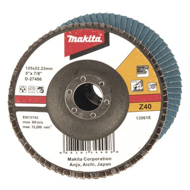 Makita Z40 klaffskiva med blå klaffar, märkta för metall, rostfritt trä; 125x22,23 mm, max 80 m/s eller 12 200 varv/min; Etiketten visar detaljer.