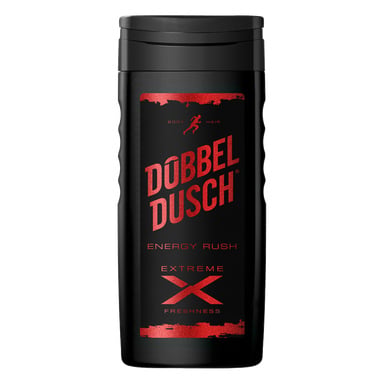 En svart Døbbel Dusch Energy Rush Extreme Freshness kropps- och hårtvättflaska med röda grafiker och text på etiketten.