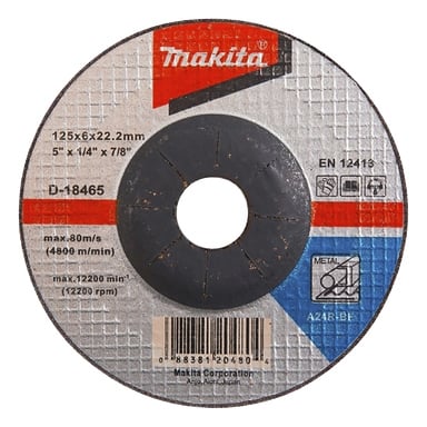 Makita metallskärskiva visar specifikationer: 125 x 6 x 22,2 mm, maxhastighet 12 200 varv per minut, streckkod. Etikett i silver, rött, blått, svart, vitt.