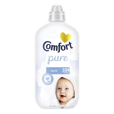 Comfort Pure -kangashoitopullo, jossa on kultainen sydän, "puhdas", hymyilevä vauva ja etiketti, jossa on 104 pesua ja ihotautien hyväksyntä.