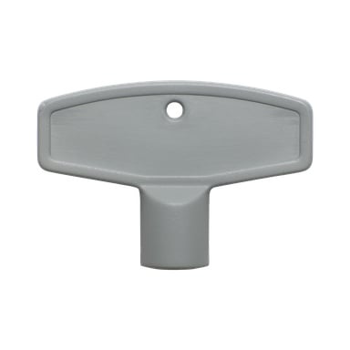 En grå plast-Gelia-nyckel med ett platt rektangulärt handtag, ett rundat hål nära mitten och en cylindrisk ände som passar i ett kompatibelt lås eller mekanism.