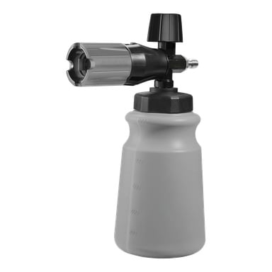Plastskumkanon med svart munstycke, justerbart ratt och genomskinlig behållare märkt 200–900 ml för dosering av rengöringsskum.