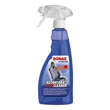 Sininen Sonax Xtreme Alcantara Cleaner -suihkepullo, jossa on liipaisinsuutin ja etiketti, jossa on turvaistuin ja tuotetiedot.