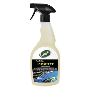 Butelka środka do usuwania owadów Turtle Wax z czarną dyszą do rozpylania. Etykieta przedstawia zdjęcia przed i po grillu samochodu, nazwę produktu "Insekt Remover" oraz dodatkowy tekst.
