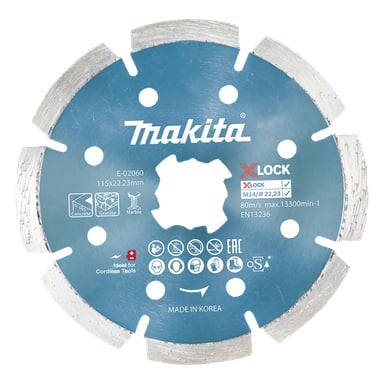 En blå Makita diamantskärskiva designad för vinkelslipar, med silversegment längs kanten. Skivan är märkt för användning på betong, granit och tegel, och innehåller detaljer som mått, säkerhetssymboler och bruksanvisningar. Ett centralt hål möjliggör montering på slipmaskinen.